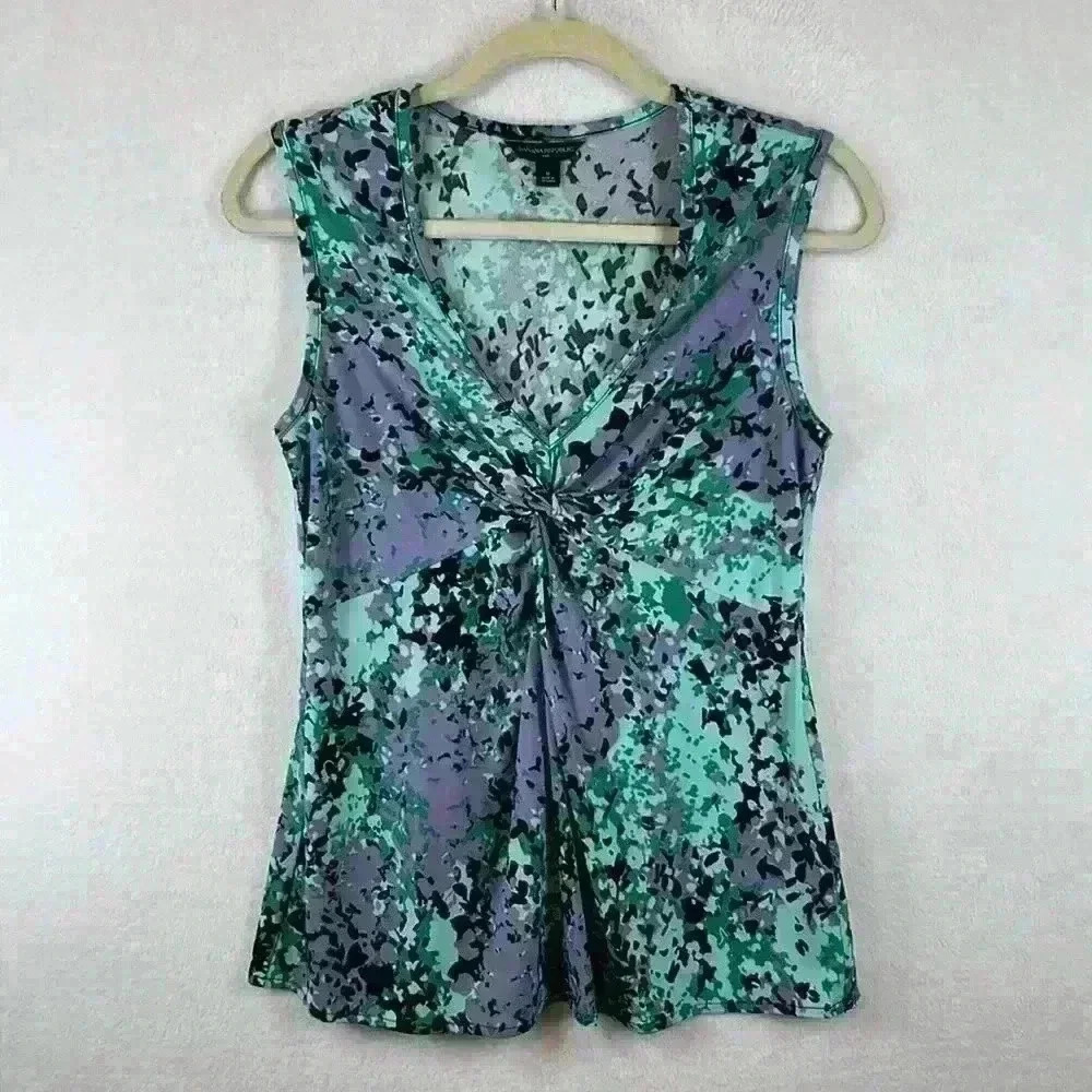Banana Republic Blouse Top Women's Sz M Blue/Black Knotted Bodice V-Neck